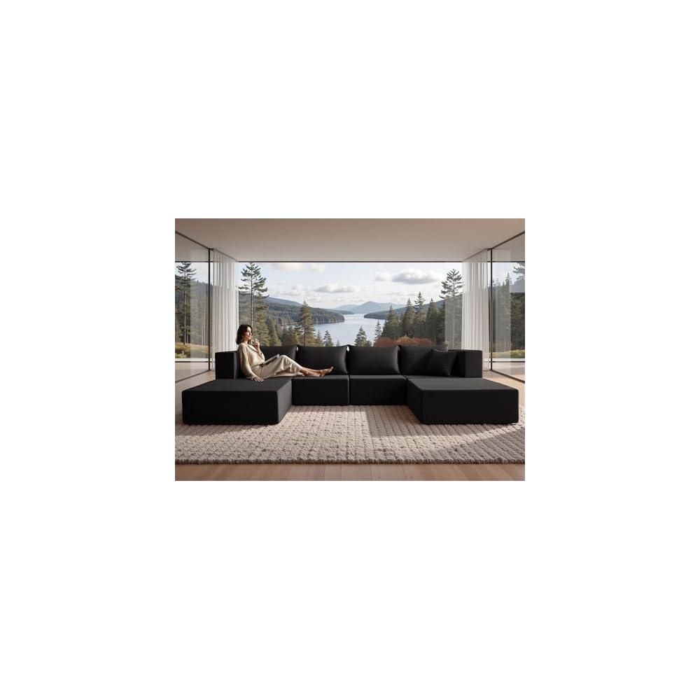 140" Modular Sectional Sofa Couches Corduroy Sleeper Deep Seat Sofa Bed, Comfy Cloud Couch for Living Room Floor Sofa, 6 Piece Free Combination Compression, No Assembly Required, Obsidian
