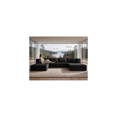 140" Modular Sectional Sofa Couches Corduroy Sleeper Deep Seat Sofa Bed, Comfy Cloud Couch for Living Room Floor Sofa, 6 Piece Free Combination Compression, No Assembly Required, Obsidian