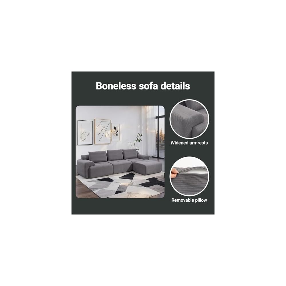 120" Modernes modulares L-förmiges Ecksofa, modulares rahmenloses Sofa ohne Montage, übergroßes 3-Sitzer-Cloud-Sofa mit tiefer Sitzfläche und beweglichem Hocker für das Wohnzimmer – Cordbezug, Grau