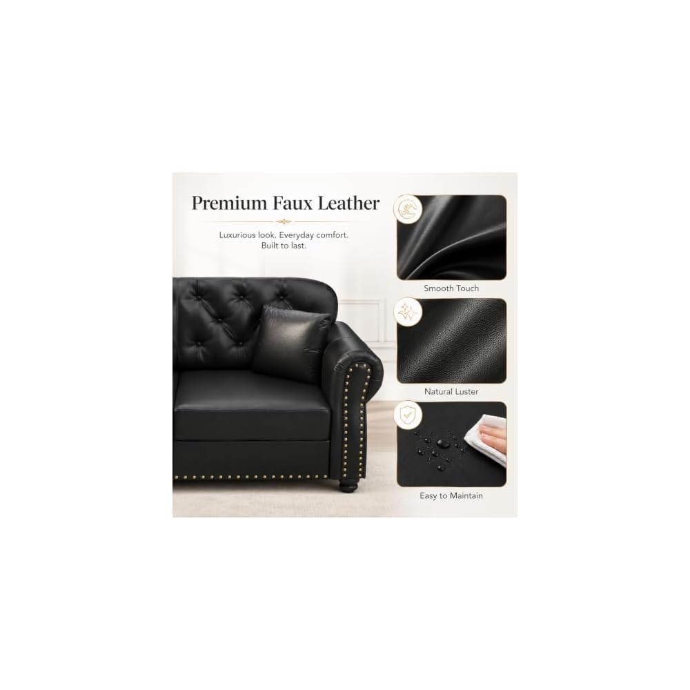 63" Chesterfield-Loveseat in schwarzem Kunstleder mit Rollarmlehnen
