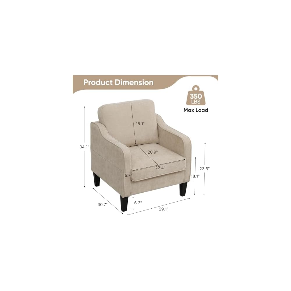 Akzentstuhl für das Wohnzimmer, Mid-Century moderner Lesesessel für das Schlafzimmer, gepolsterter Armlehnstuhl mit Seitentaschen, bequemer Einzelsessel für Büro, Wohnung, kleines Zimmer, Hellbraun