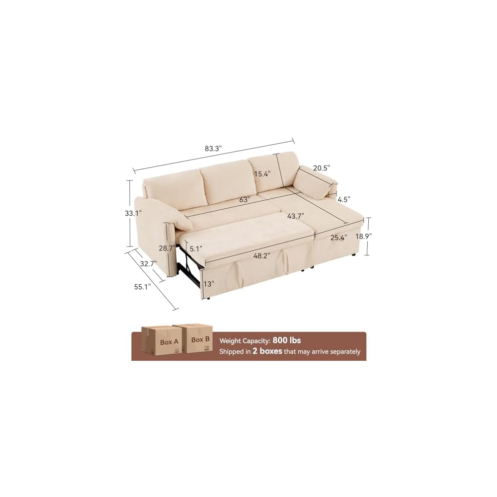 80" 3 in 1 Sleeper Sofa Couch with USB & Storage Chaise, Cloud Sofa Bed with Pull Out Bed, Chenille Convertible Sleeper Sofas for Living Room, Small Spaces, Beige