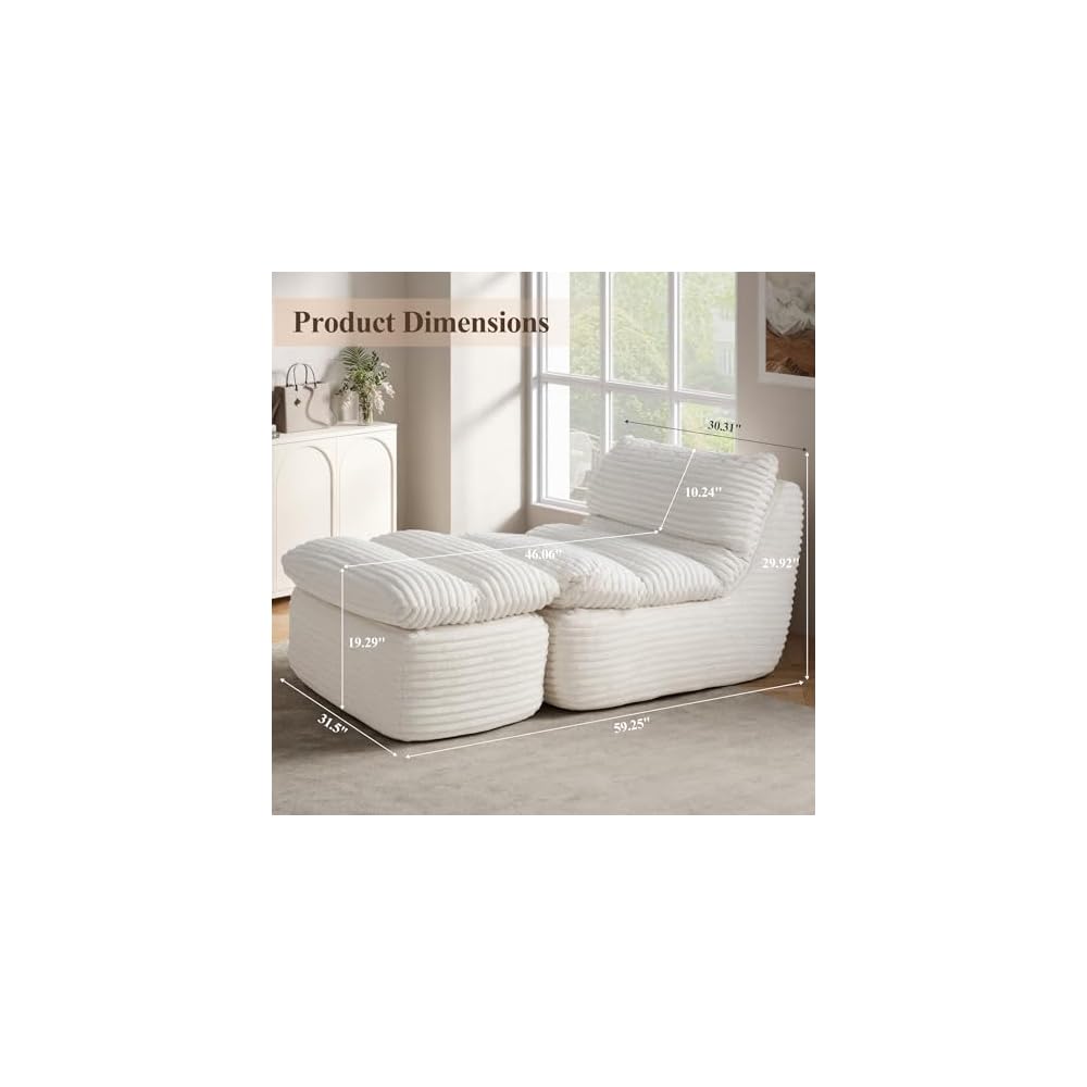 Sitzsack-Sessel, Loungesessel mit abnehmbarem Fußhocker für Erwachsene, bequemes Stoff-Schlafsofa mit Memory-Schaum, Rückenlehne für Wohnzimmer, Büro, Schlafzimmer, Beige