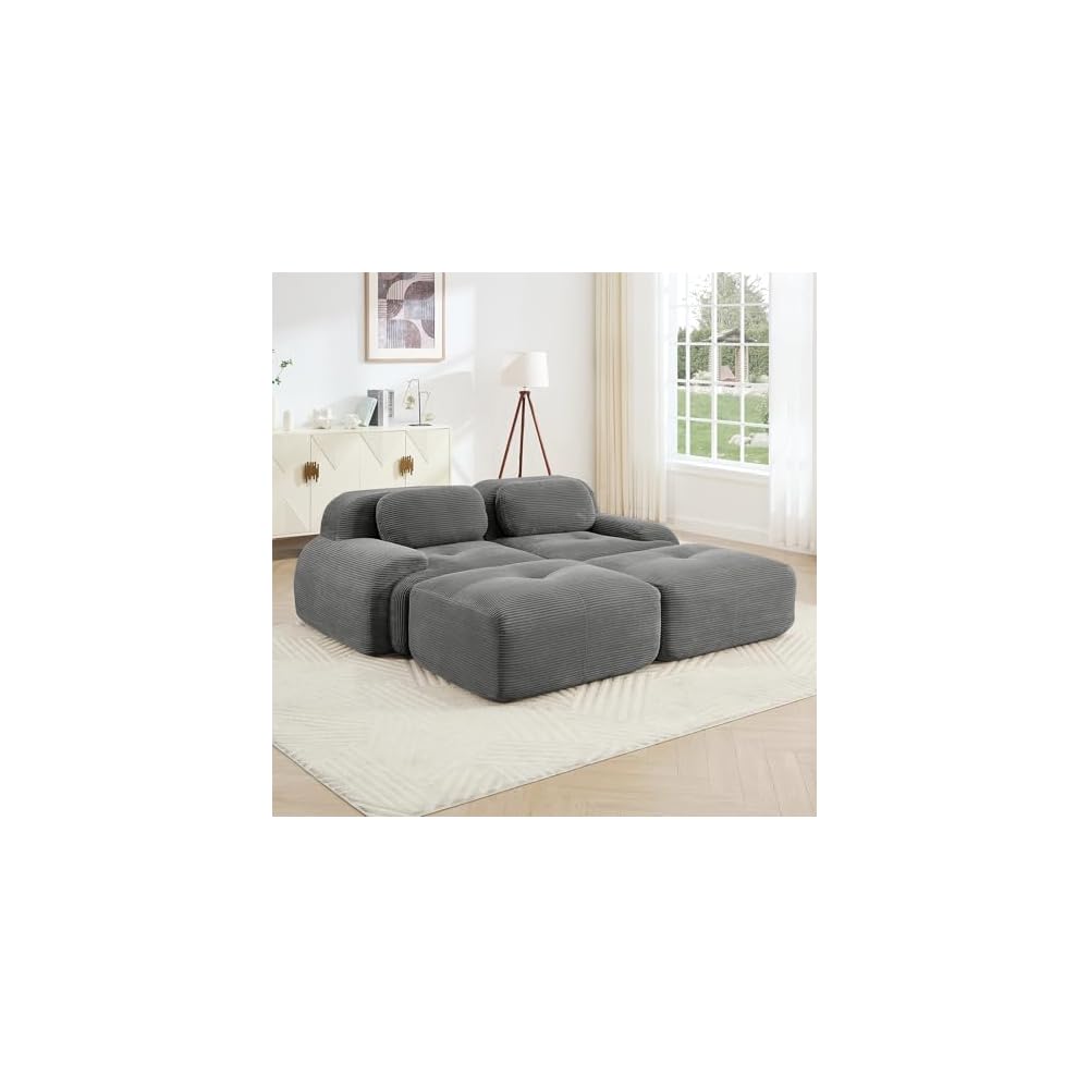 130" Oversized Gray Corduroy 2-Seat Sofa, Luxury Modular Sectional Couch with Dual Ottomans and Ergonomic Curved Armrests