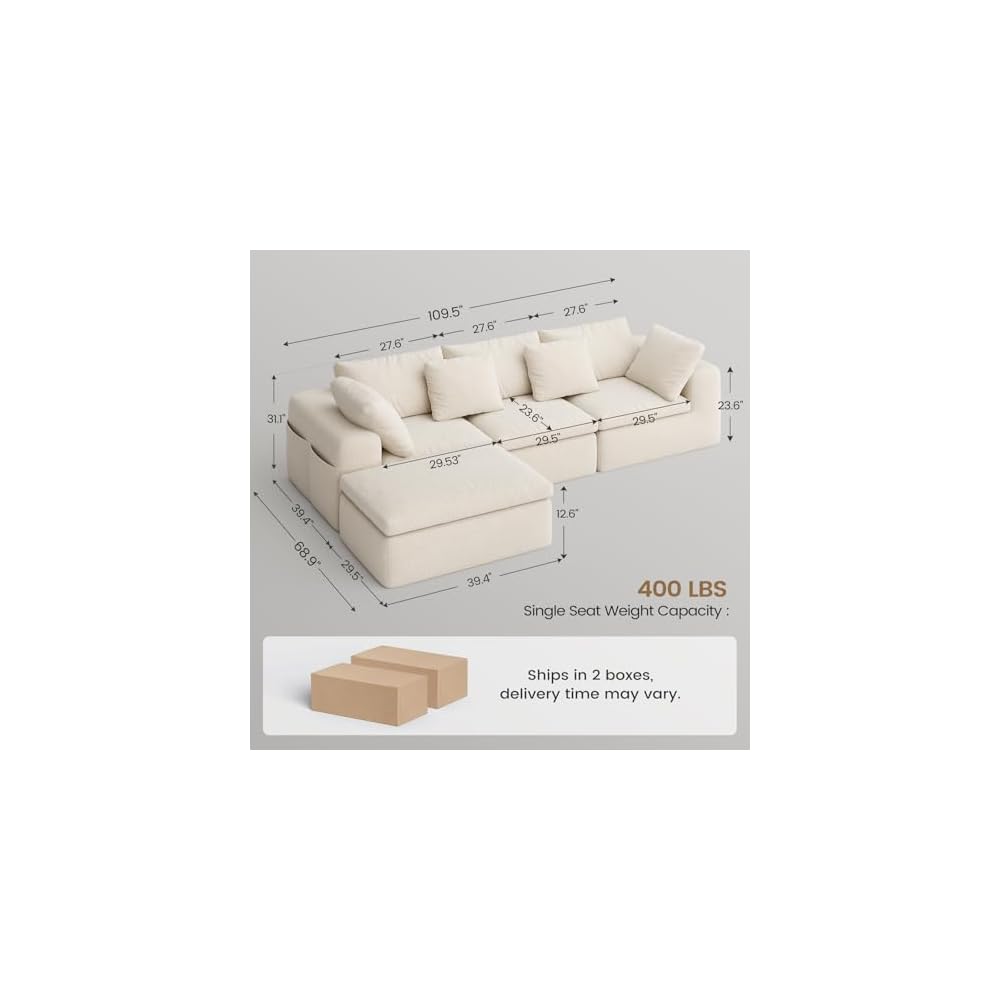108" Modular Sectional Sofa with Ottoman, Convertible L-Shape Cloud Couch for Living Room, Breathable Reversible Boneless Couches, Chenille Deep Seat Sleeper with Storage Pockets, Beige