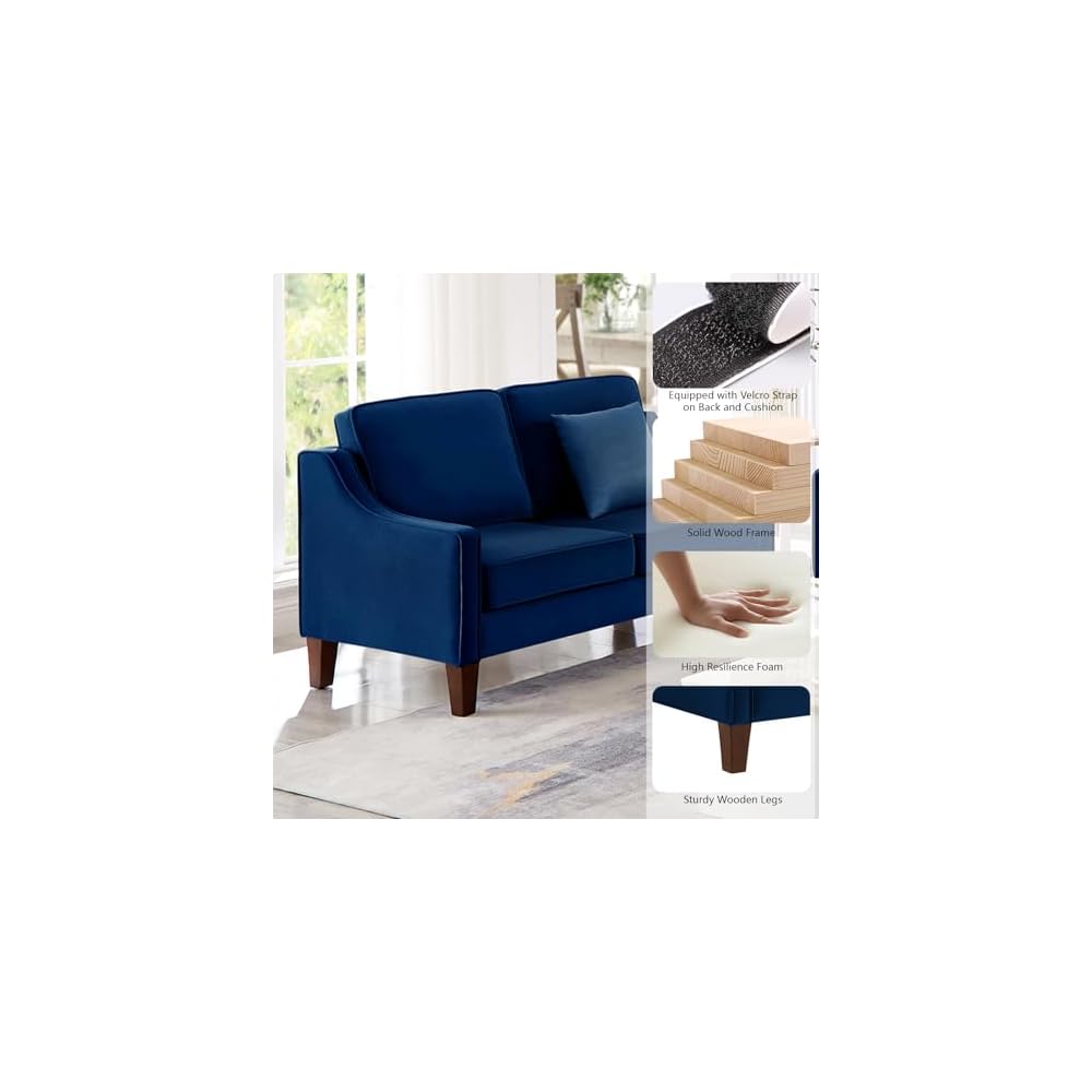 Modernes Samt-Loveseat-Sofa, gepolstertes 2-Sitzer-Sofa mit Holzbeinen, bequemes kleines Sofa für Wohnzimmer, Schlafzimmer und kleine Räume, Marineblau