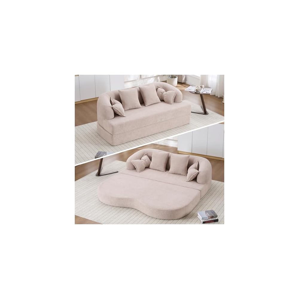 2-in-1 Foldable Sofa Bed with Curved Backrest for Small Spaces (Apricot)