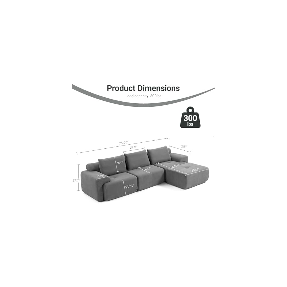 120" Modernes modulares L-förmiges Ecksofa, modulares rahmenloses Sofa ohne Montage, übergroßes 3-Sitzer-Cloud-Sofa mit tiefer Sitzfläche und beweglichem Hocker für das Wohnzimmer – Cordbezug, Grau