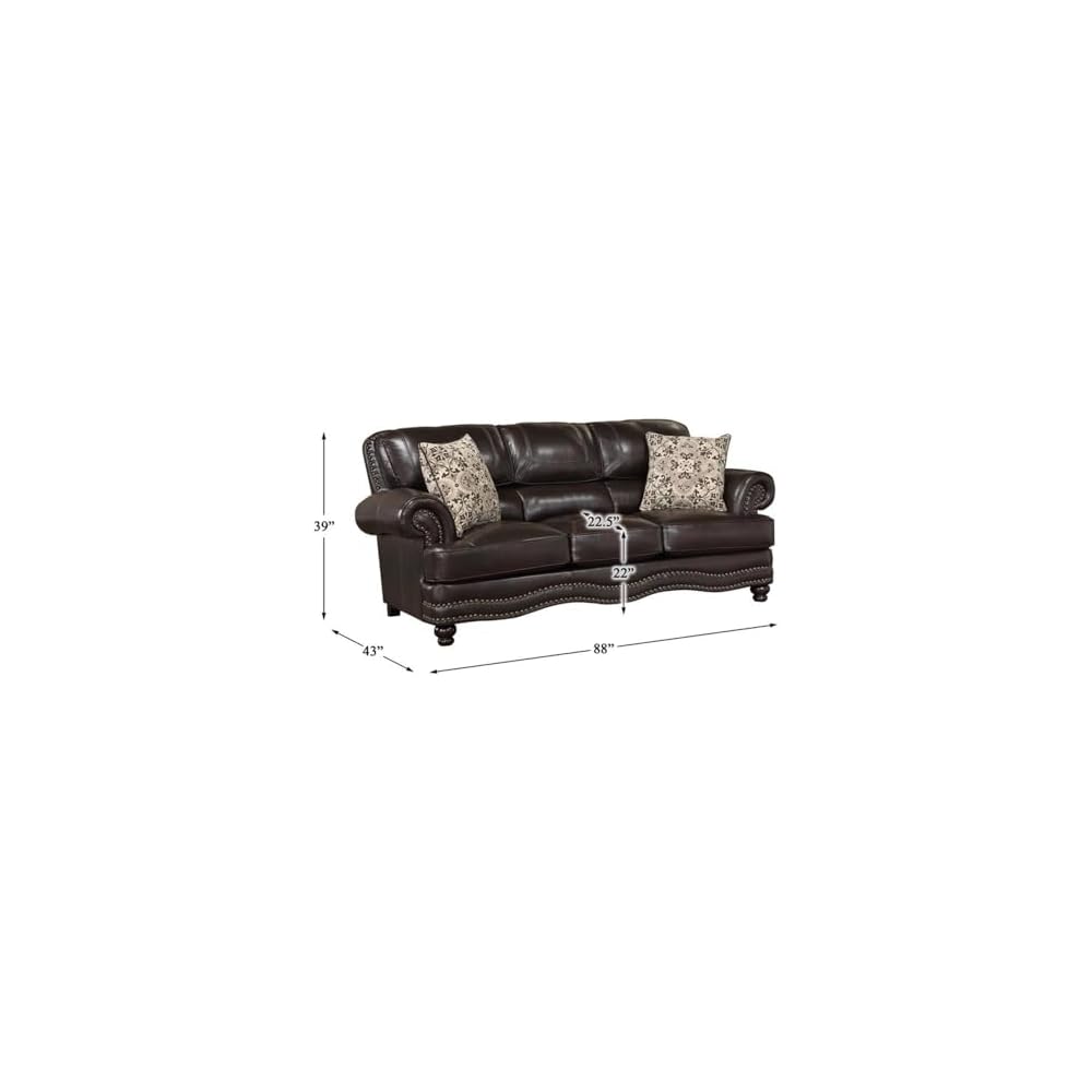 Breathable Faux Leather Upholstered Sofa, Brown Finish, Solid Wood Frame, High-Density Foam Padding, Nailhead Trim, Decorative Pillows, Espresso Wood Feet, Traditional Living Room Seating