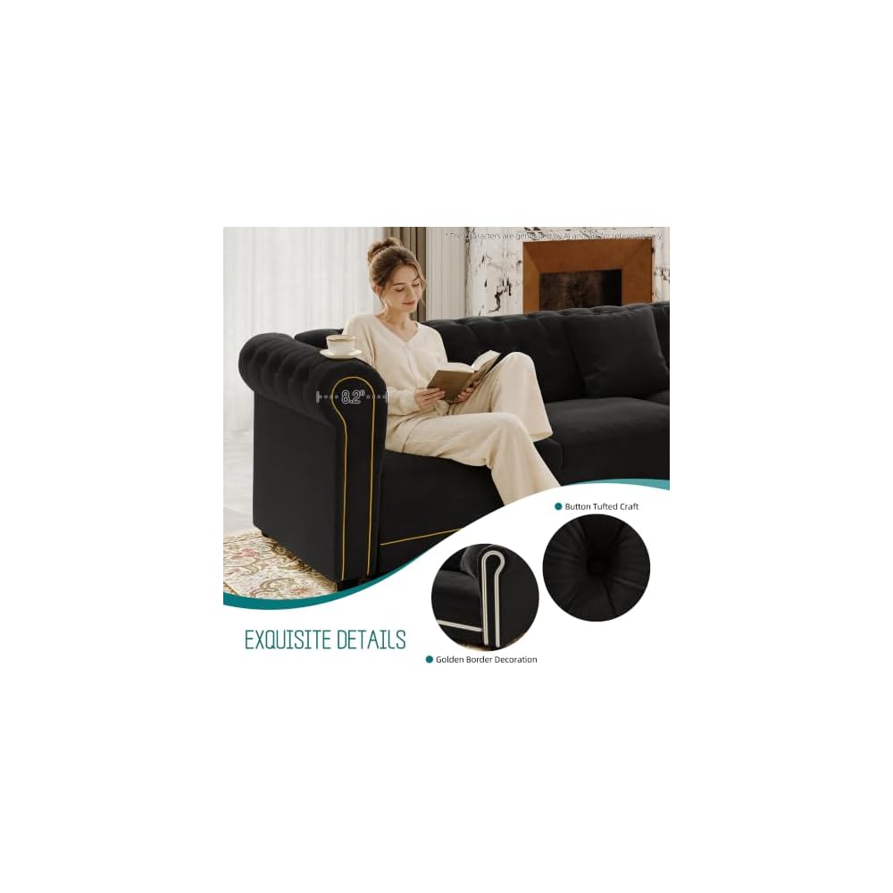 115.3" L-Shaped Sofa Couch with Pull Out Bed, Oversize Convertible Sectional Sleeper Sofa with Button Tufted & Rolled Arm, 6 Seat Velvet Upholstered Couches for Living Room(Black)