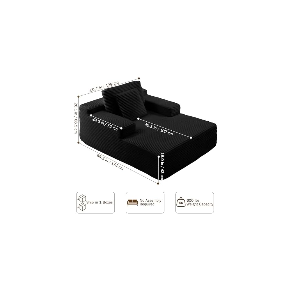 68.5" Oversized Chaise Lounge Chair Indoor Boneless Sofa, Black