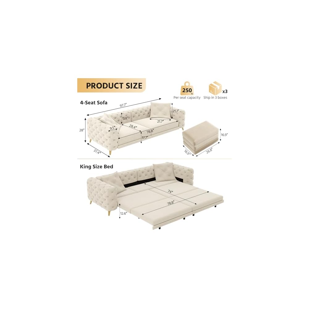 97.7" Convertible Sleeper Sofa Bed, 3 in 1 Pull Out Sofa Bed, Button Tufted Modern Sofa, 4-Seater Couch with Movable Ottoman for Living Room, Bedroom, Apartment, Beige