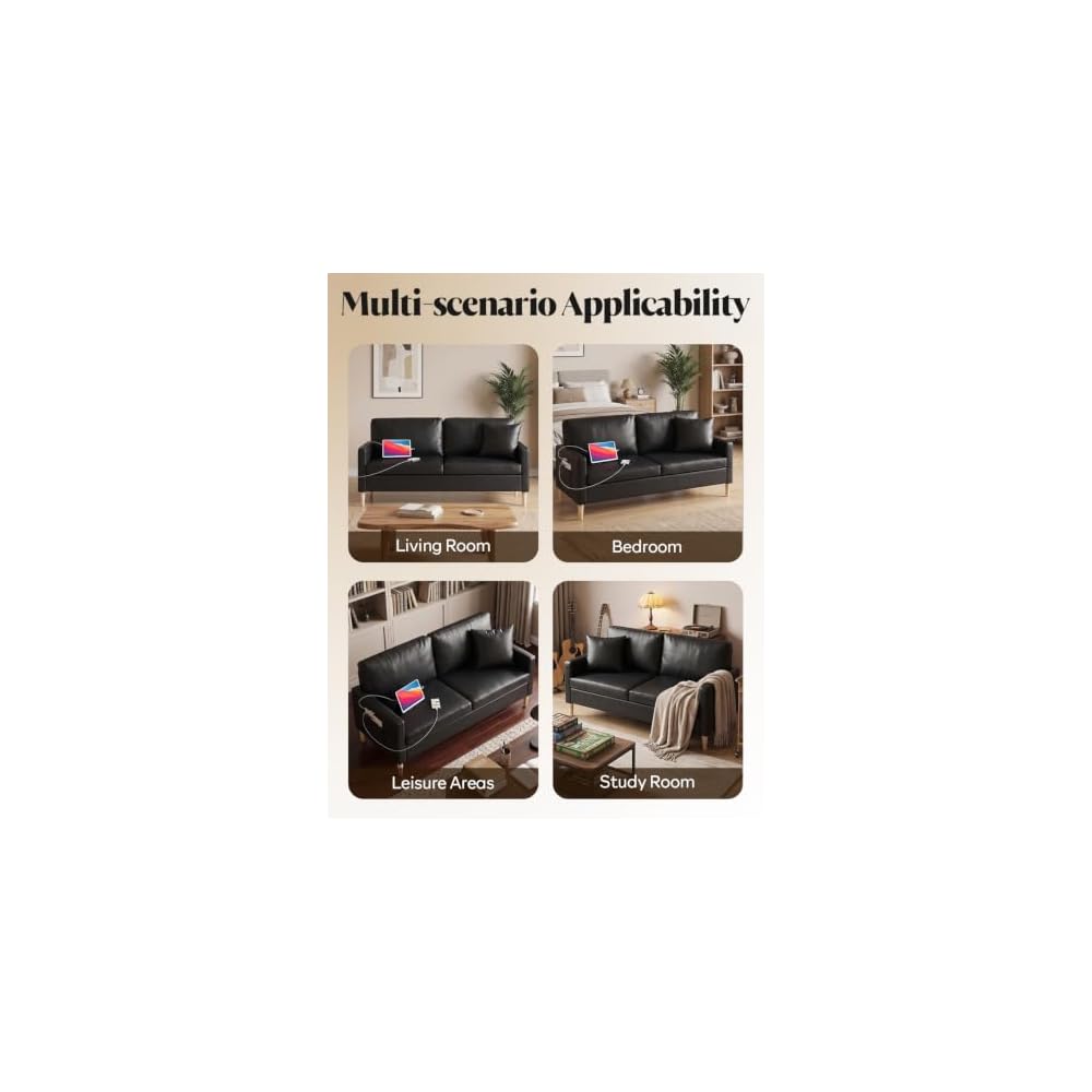 2 Piece Black Faux Leather Modern Small Couch and Chair Set for Office