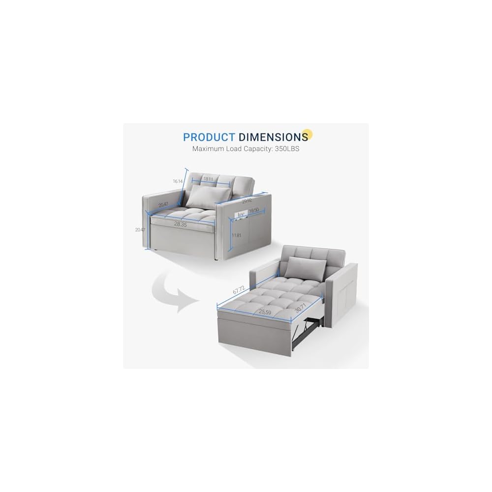 Schlafsofa-Sessel, 3-in-1 Schlafsofa mit 3-stufig verstellbarer Rückenlehne, ausziehbarer Schlaf-Sessel, strapazierfähiger Samtstoff, für Wohnzimmer, Schlafzimmer, Grau