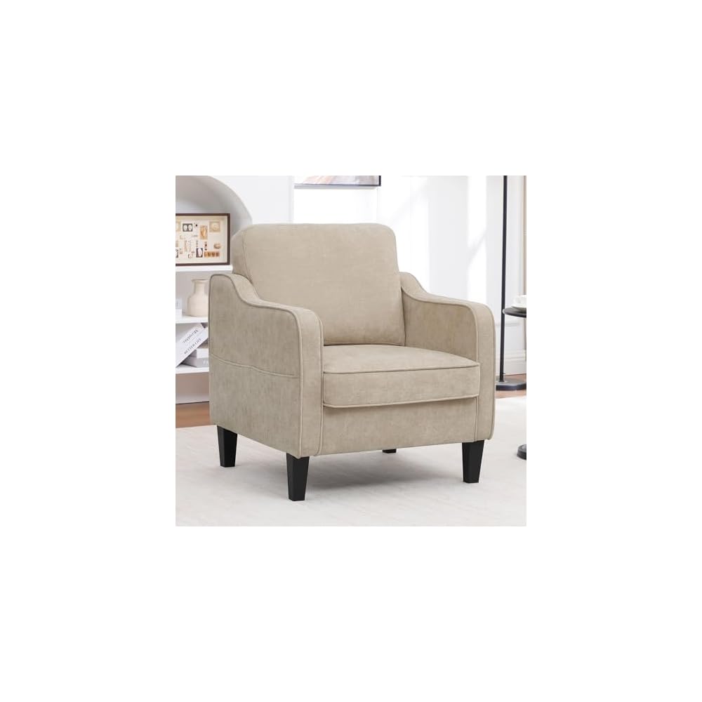 Akzentstuhl für das Wohnzimmer, Mid-Century moderner Lesesessel für das Schlafzimmer, gepolsterter Armlehnstuhl mit Seitentaschen, bequemer Einzelsessel für Büro, Wohnung, kleines Zimmer, Hellbraun