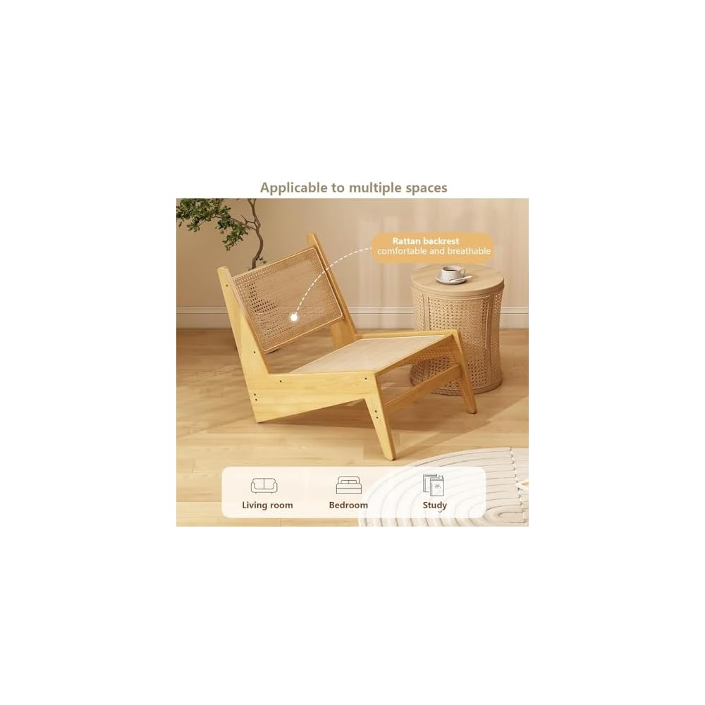 Japanese Sleek Back Support Chair - Solid Wood & Rattan Floor Seating for Balcony, Single Lounge Chair, Modern Design, Comfortable and Stylish (Brown)