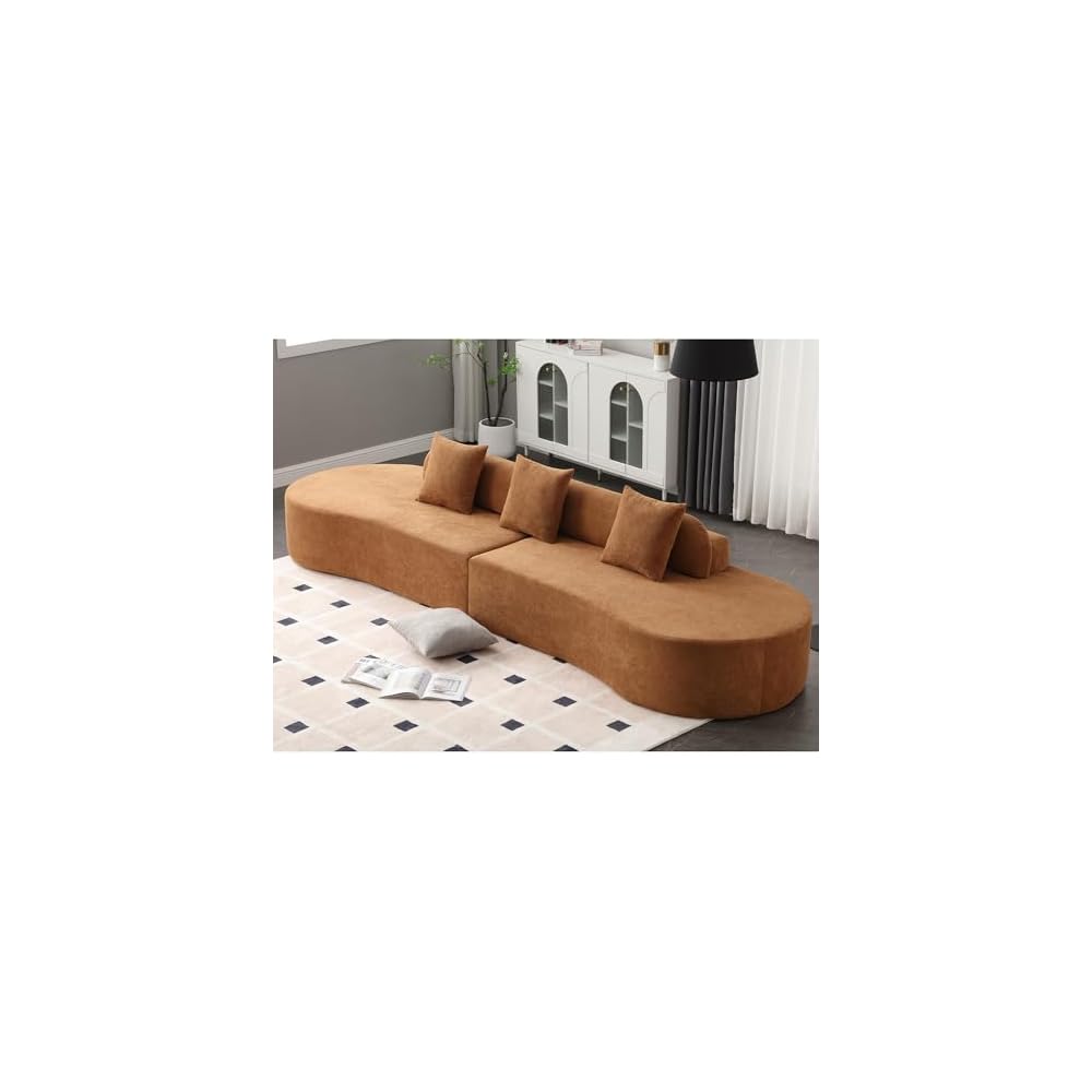 130.5" Curved Sofa for Living Room, Modern Minimalist Cloud Sectional Couch Oversized Compressed Boneless 3-Seater Deep Seat Sofa with 3 Throw Pillows, No Assembly Needed, Brown