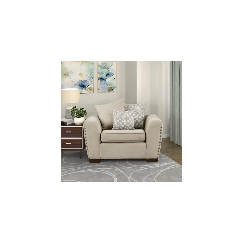 Akzentstuhl, Polstersessel aus Chenille, Einzelsessel mit 3 Kissen, Holzbeine, Armlehnen im Track-Design, Ziernägel, moderner Sessel für Wohnzimmer/Schlafzimmer/Büro/Wartezimmer, Grau