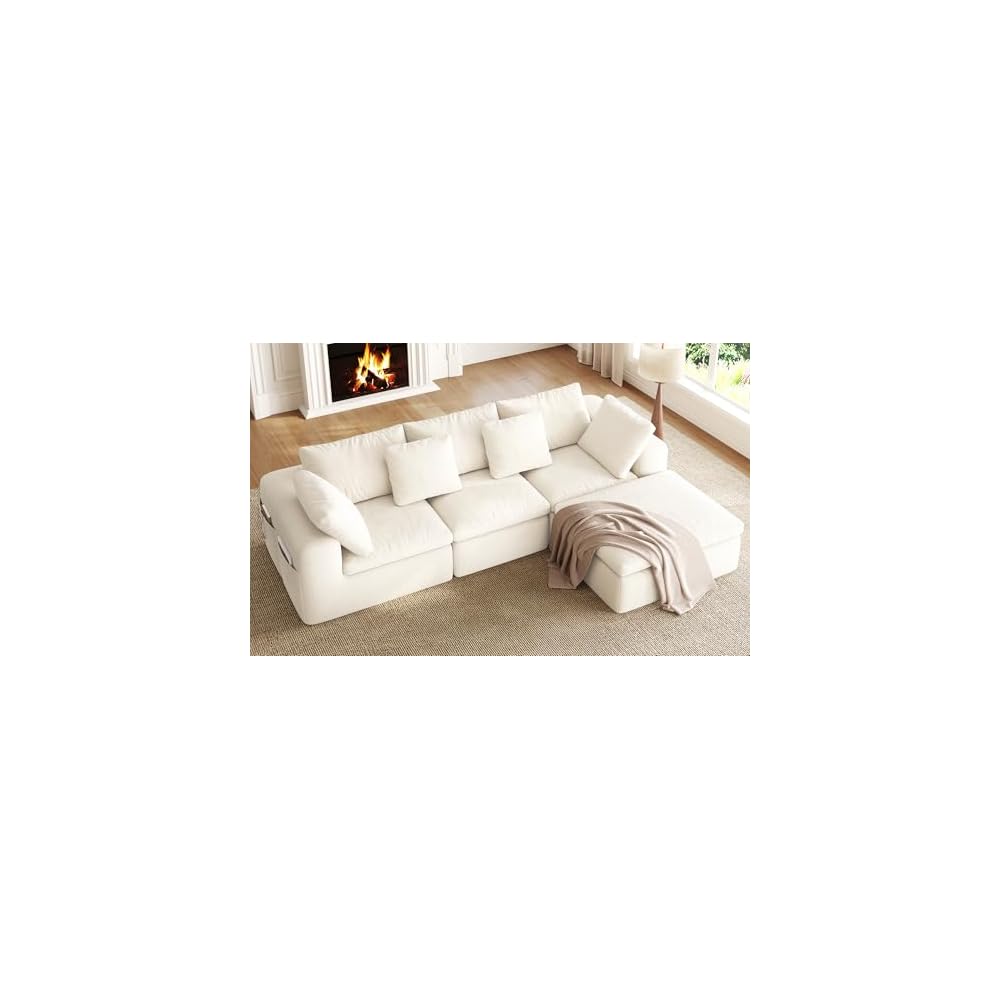 108" Modular Sectional Sofa with Ottoman, Convertible L-Shape Cloud Couch for Living Room, Breathable Reversible Boneless Couches, Chenille Deep Seat Sleeper with Storage Pockets, Beige