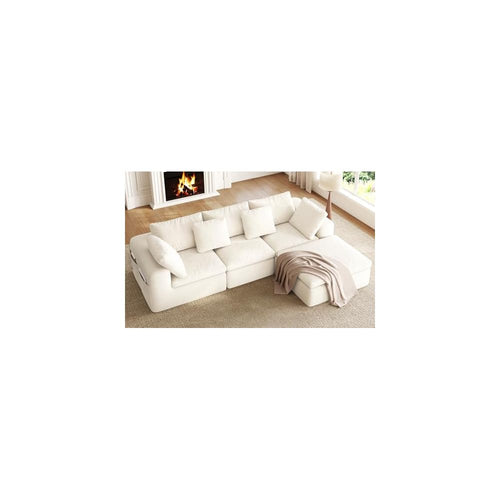108" Modulares Ecksofa mit Ottoman, L-förmiges, modulares Cloud-Sofa für das Wohnzimmer, atmungsaktives, wendbares Sofa, tiefes Chenille-Schlafsofa mit Aufbewahrungstaschen, Beige