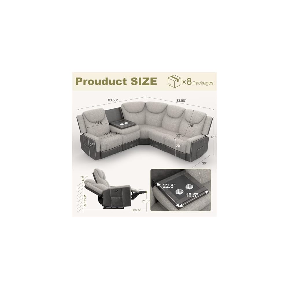 Manual Recliner Sectional Sofa for Living Room, Corner Couch with Flip Middle Backrest, USB Ports & Cup Holders, Grey Linen & Chocolate Leather, 5 Seater Sectional Couch