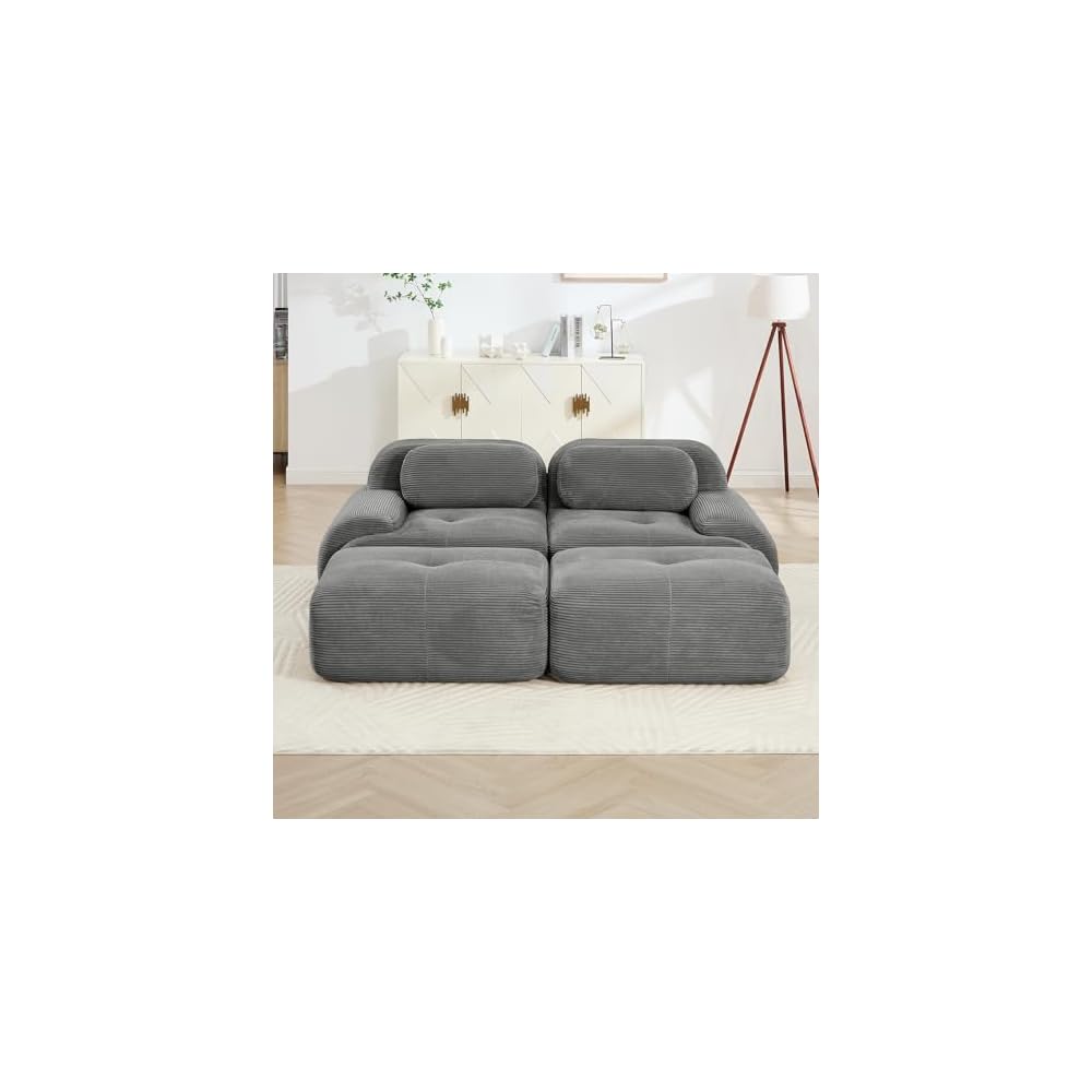 130" Übergroßes, graues 2-Sitzer-Sofa aus Kord, luxuriöses modulares Ecksofa mit zwei Ottomanen und ergonomisch geschwungenen Armlehnen
