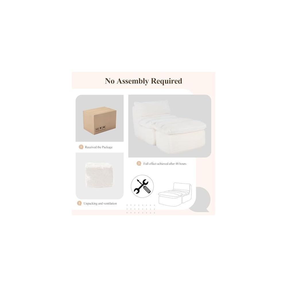 Sitzsack-Sessel, Loungesessel mit abnehmbarem Fußhocker für Erwachsene, bequemes Stoff-Schlafsofa mit Memory-Schaum, Rückenlehne für Wohnzimmer, Büro, Schlafzimmer, Beige