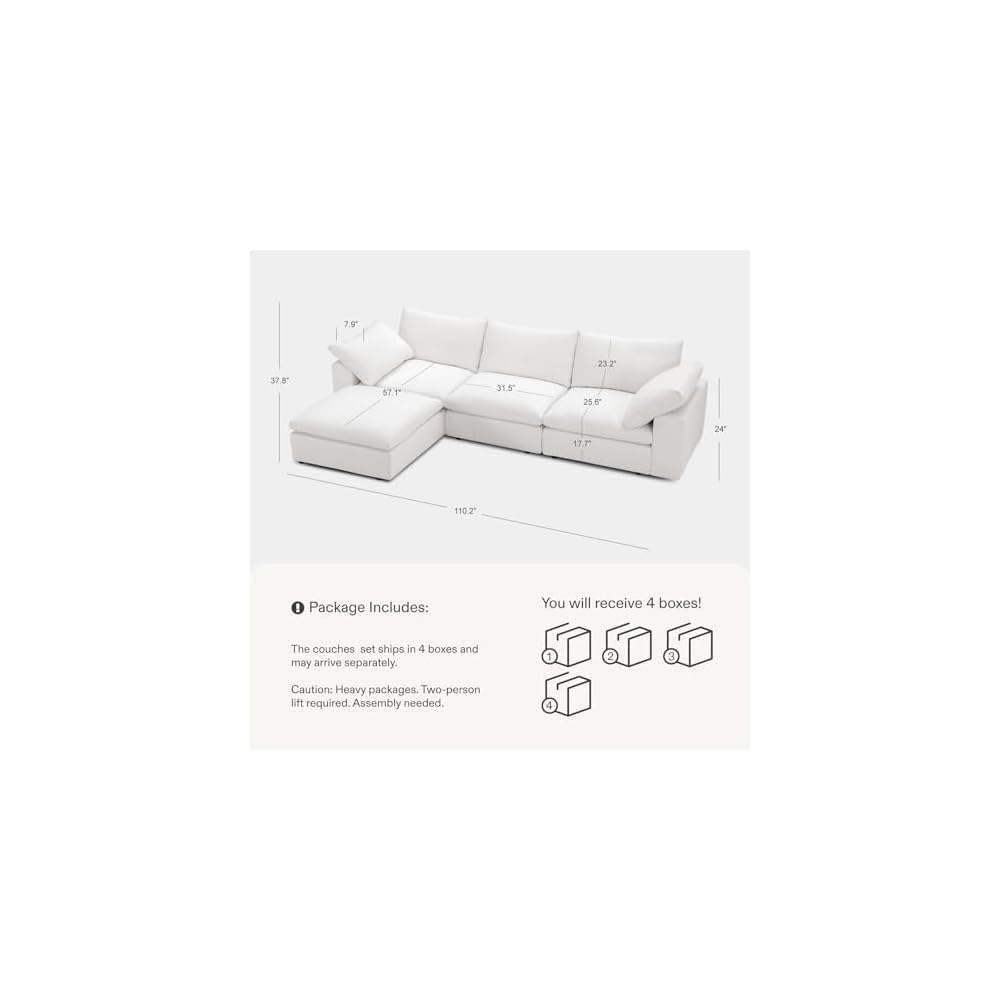 Cloud Couch Oversized Modular Sectional Sofa True Relax Comfy Couches Wide&Deep Seat Sofas for Living Room Metal Frame Furniture Sets, 3 Seater with Ottoman L Shaped 110.2" Width