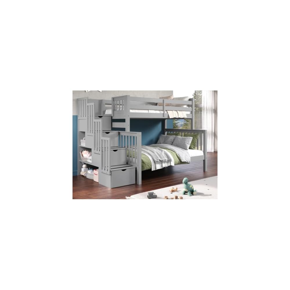 Etagenbett mit Treppe, oben Einzelbett (90x200) und unten Doppelbett (140x200), mit 4 Schubladen in den Stufen, Grau