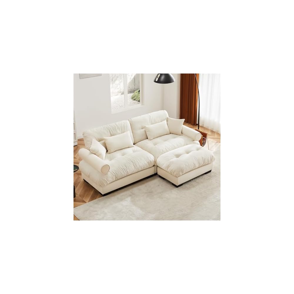 Modern Oversized Modular Sectional Sofa, 2-Seater L-Shaped Loveseat Cloud Couch with Ottoman, Pillows and Overthick Cushion, Comfy Velvet Living Room Sofa Set for Home Theater or Apartment, Cream