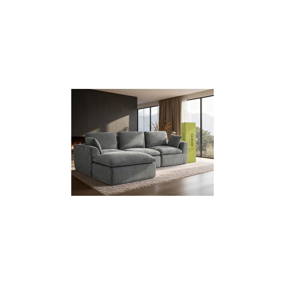 Übergroßes 280 cm Cloud-Sofa, modulares Ecksofa, 4-Sitzer L-Form mit Ottomane, tiefes Chenille-Sofa mit Memory-Schaum, dunkelgrau
