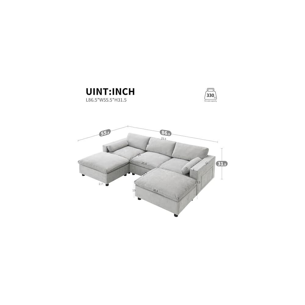 86.5" Sectional Sofa with Storage Pockets & Removable Ottomans, 5 Seat U Shaped Sleeper Cloud Couch Set, Convertible L-Shaped Chenille Upholstered SofaBed for Living Room and Apartment, Grey