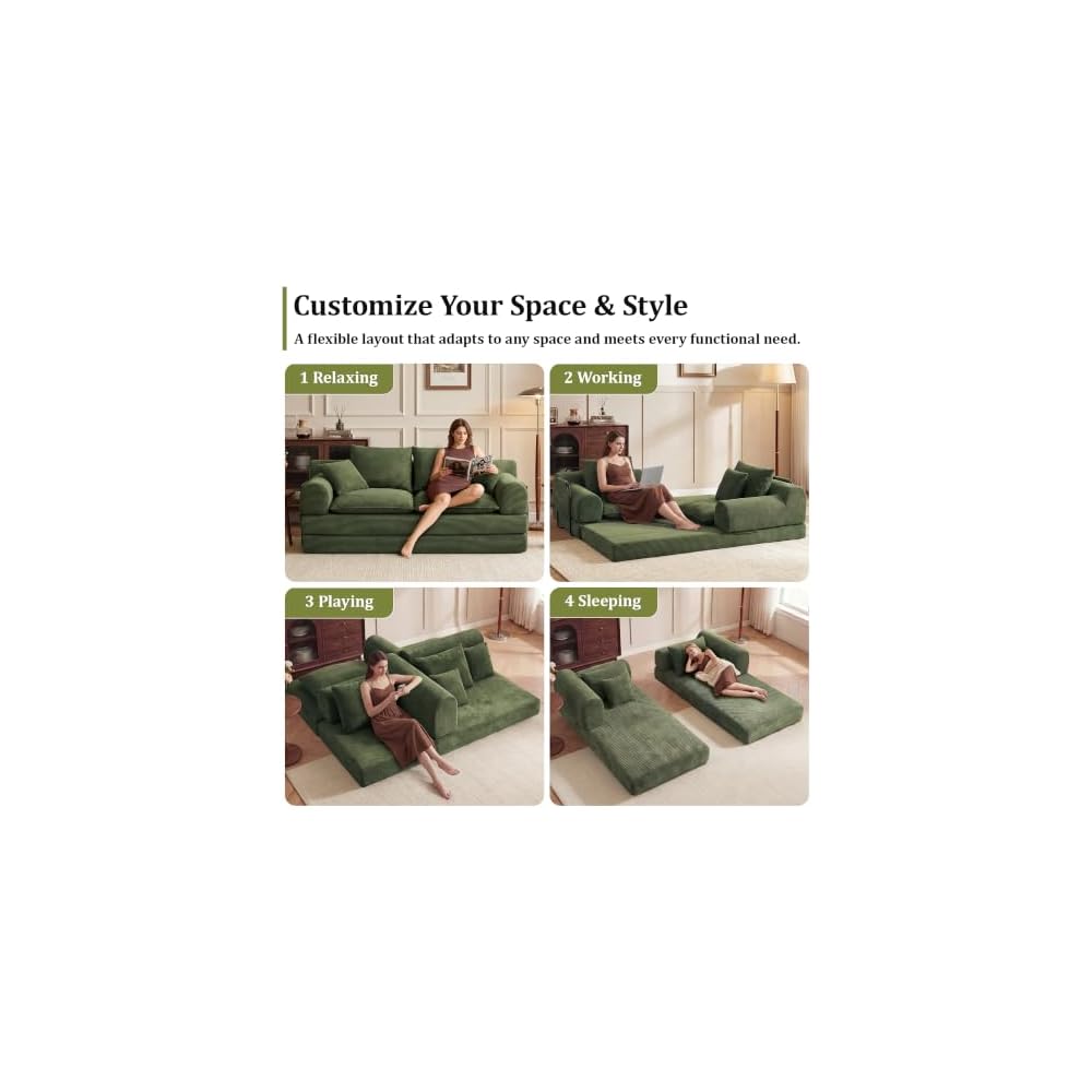79" Verwandelbares Sofa ohne Armlehnen, grünes Cord-Futonsofa