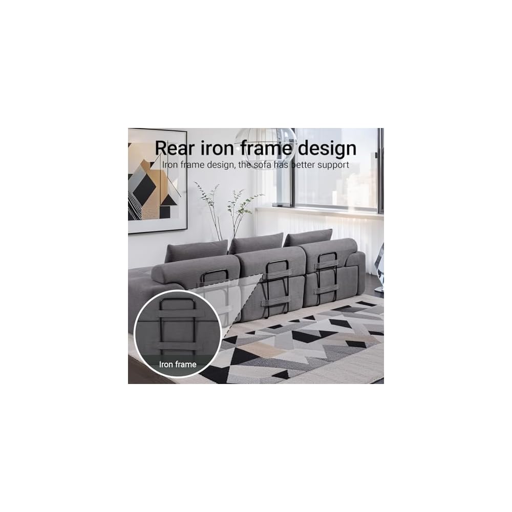 120" Modernes modulares L-förmiges Ecksofa, modulares rahmenloses Sofa ohne Montage, übergroßes 3-Sitzer-Cloud-Sofa mit tiefer Sitzfläche und beweglichem Hocker für das Wohnzimmer – Cordbezug, Grau