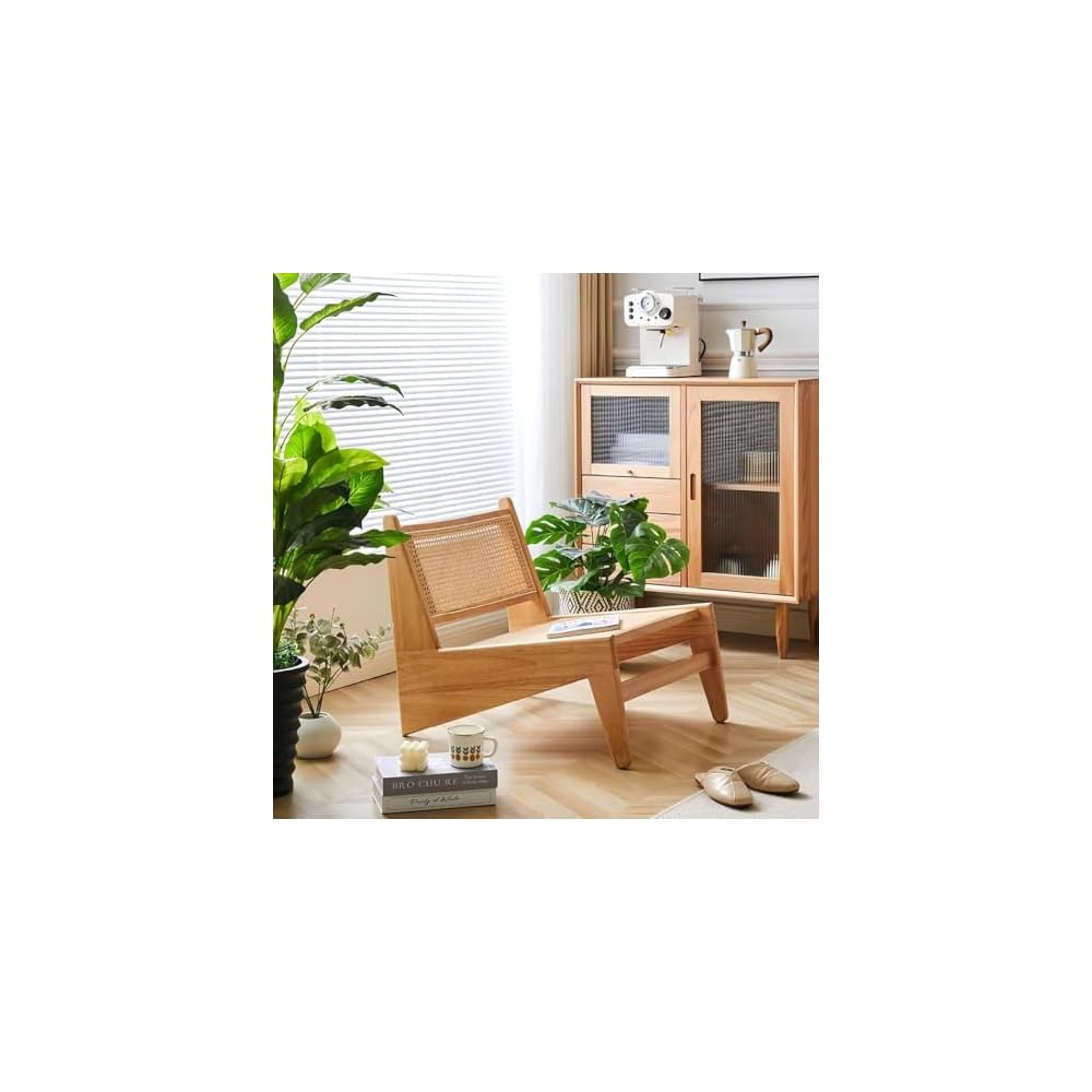 Japanese Sleek Back Support Chair - Solid Wood & Rattan Floor Seating for Balcony, Single Lounge Chair, Modern Design, Comfortable and Stylish (Brown)