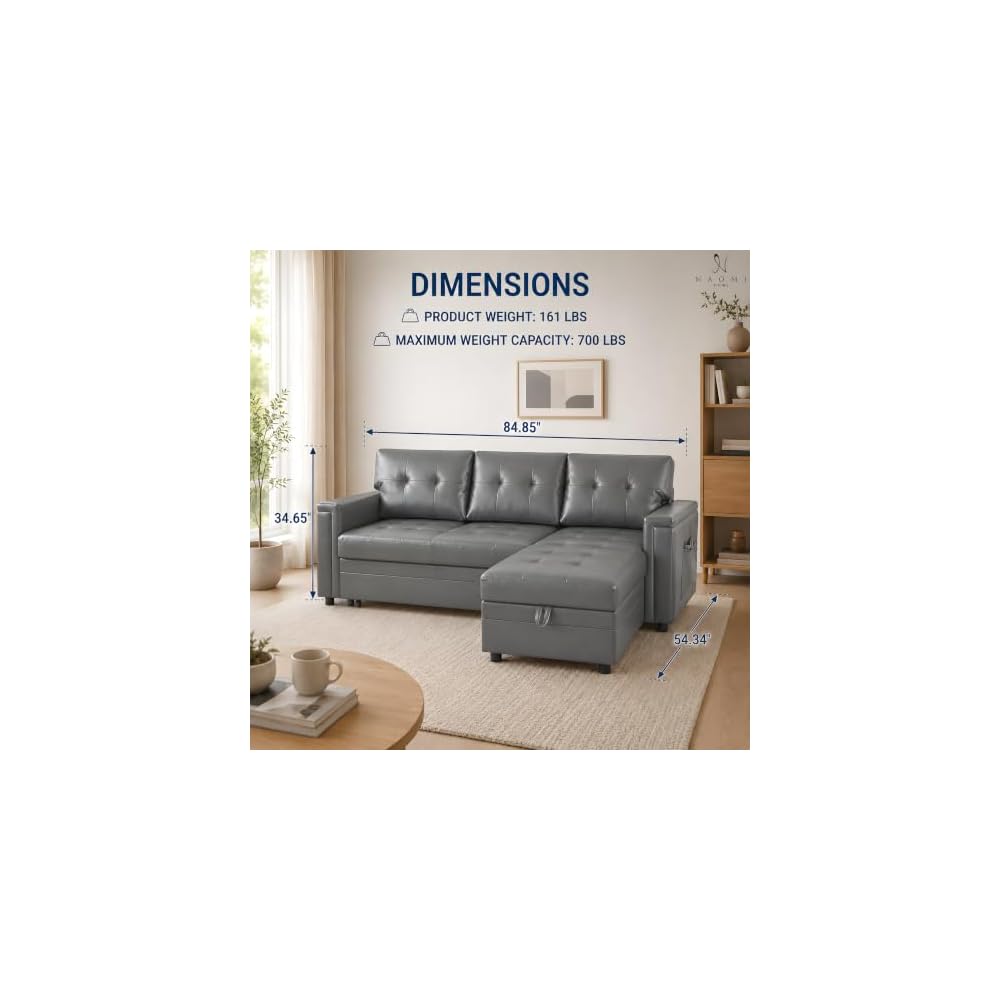 L-Shaped Air Leather Sleeper Sectional Sofa, Gray