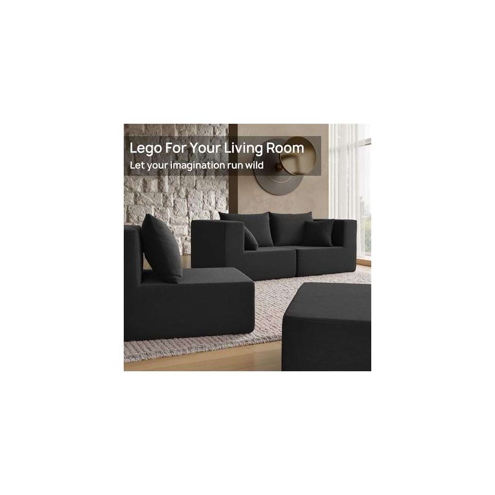 140" Modular Sectional Sofa Couches Corduroy Sleeper Deep Seat Sofa Bed, Comfy Cloud Couch for Living Room Floor Sofa, 6 Piece Free Combination Compression, No Assembly Required, Obsidian