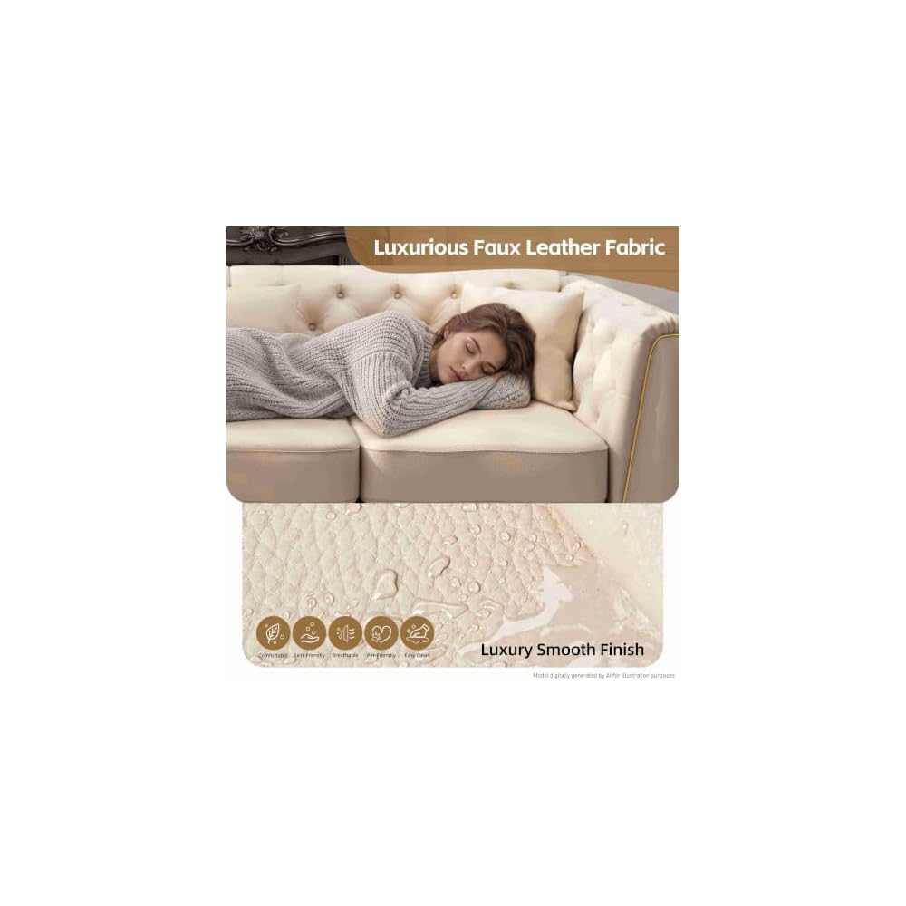 61,8'' Chesterfield-Ecksofa, beige Couch aus Kunstleder, goldene Akzente