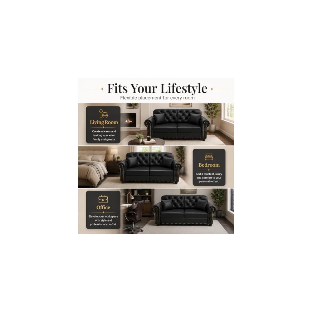 63" Chesterfield-Loveseat in schwarzem Kunstleder mit Rollarmlehnen