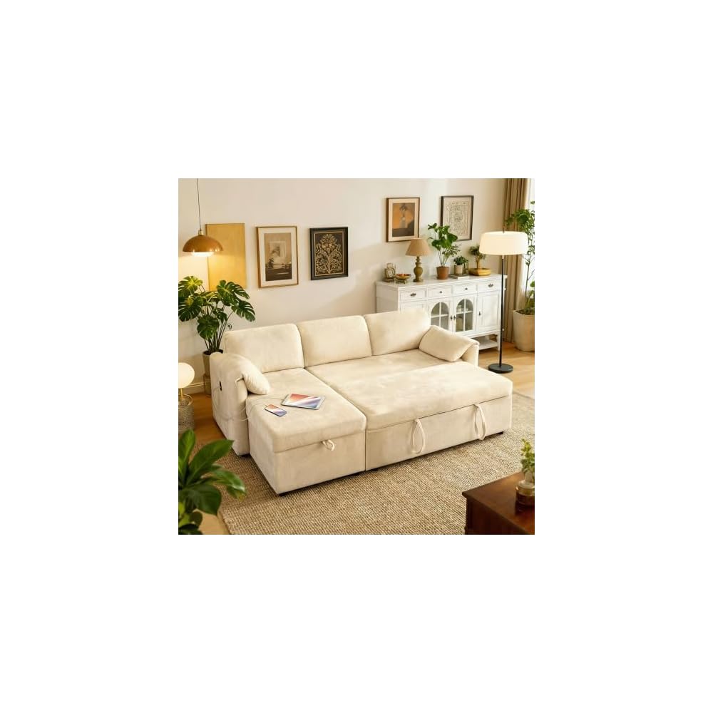 80" 3 in 1 Sleeper Sofa Couch with USB & Storage Chaise, Cloud Sofa Bed with Pull Out Bed, Chenille Convertible Sleeper Sofas for Living Room, Small Spaces, Beige