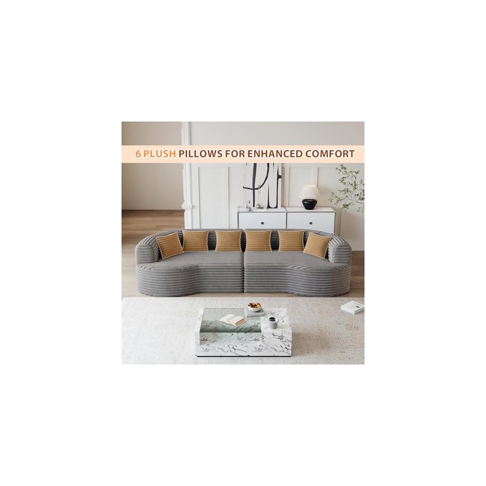 Übergroßes, geschwungenes Ecksofa, 282 cm modernes modulares 4-Sitzer-Sofa ohne Rahmen mit 6 Kissen, tiefsitzendes Cord-Sofa für das Wohnzimmer, kein Aufbau erforderlich, Grau