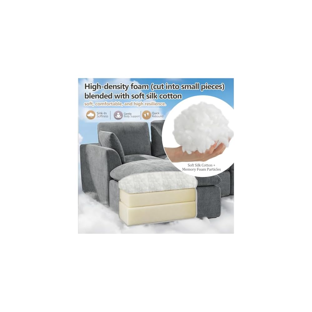 Übergroßes 280 cm Cloud-Sofa, modulares Ecksofa, 4-Sitzer L-Form mit Ottomane, tiefes Chenille-Sofa mit Memory-Schaum, dunkelgrau