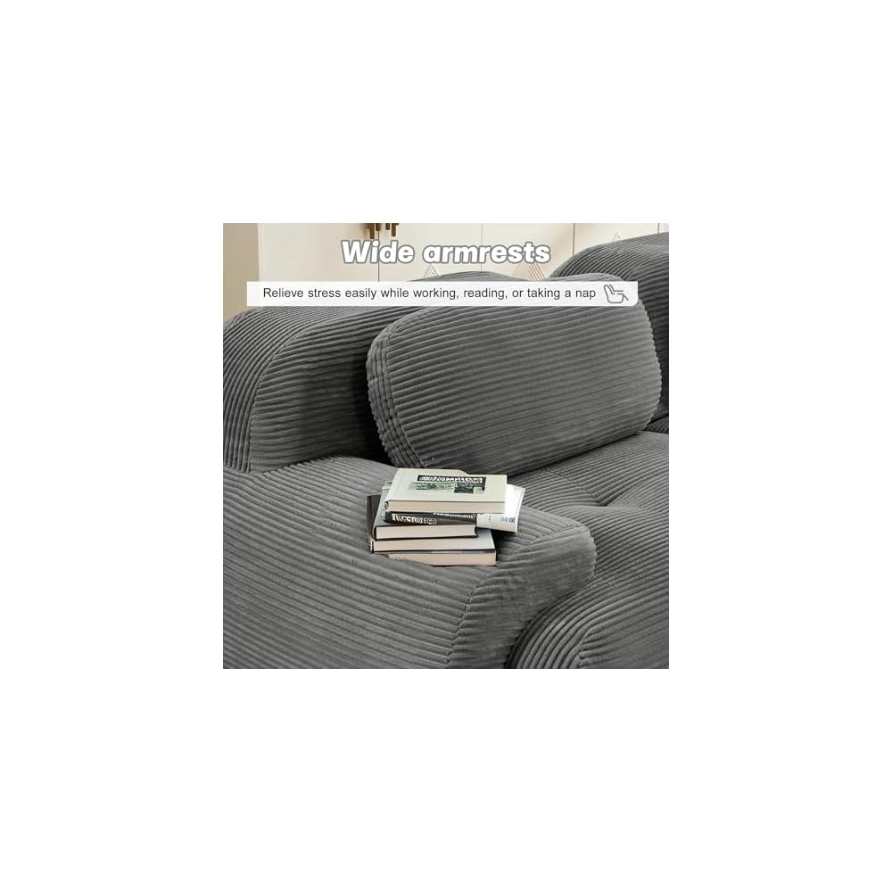 130" Übergroßes, graues 2-Sitzer-Sofa aus Kord, luxuriöses modulares Ecksofa mit zwei Ottomanen und ergonomisch geschwungenen Armlehnen