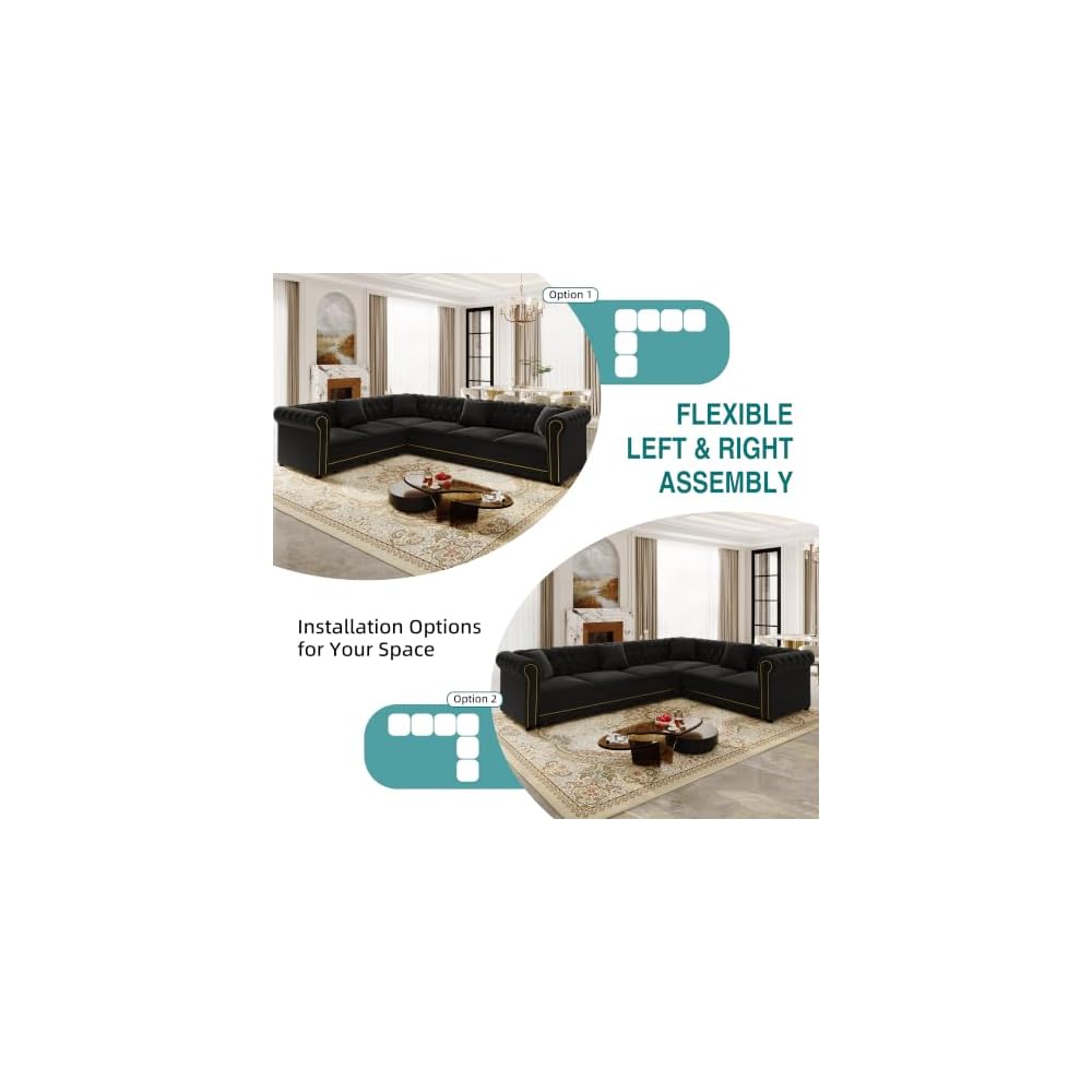 115.3" L-Shaped Sofa Couch with Pull Out Bed, Oversize Convertible Sectional Sleeper Sofa with Button Tufted & Rolled Arm, 6 Seat Velvet Upholstered Couches for Living Room(Black)