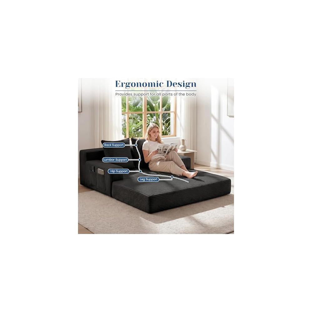 Ausziehbares Schlafsofa, kleines rahmenloses Sofa & rahmenloser Zweisitzer, ausziehbare Couch für kleine Räume, hochwertiges, luxuriöses Klapp-Futon aus Kordsamt mit Seitentasche & 2 Kissen, keine Montage erforderlich