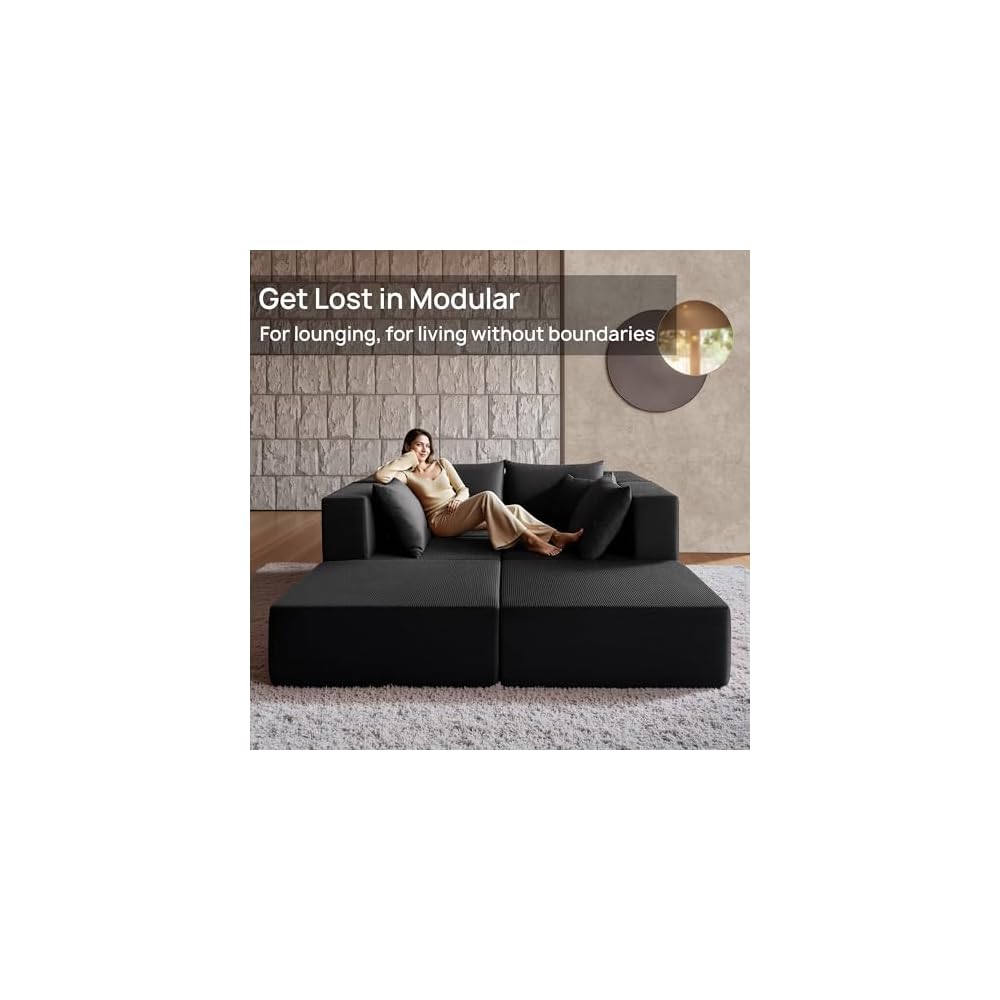 140" Modular Sectional Sofa Couches Corduroy Sleeper Deep Seat Sofa Bed, Comfy Cloud Couch for Living Room Floor Sofa, 6 Piece Free Combination Compression, No Assembly Required, Obsidian
