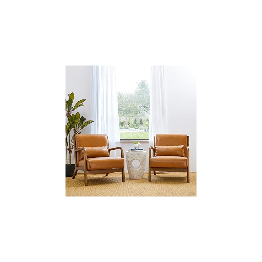 30" H Mid Century Yellowish Brown Accent Armchair, Single Reading Sofa, PU Leather Lounge Chair with Walnut Ruberwood Frame for Livingroom or Office