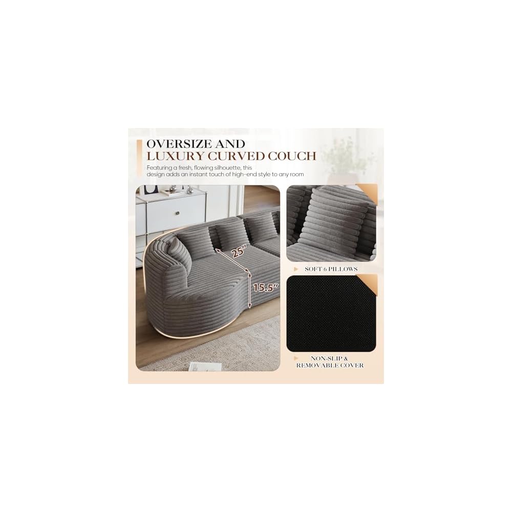 Oversized Curved Sectional Sofa, 111” Modern Boneless Modular 4-Seater Couch with 6 Pillows Corduroy Deep Seat Sofas for Living Room No Assembly Required, Grey