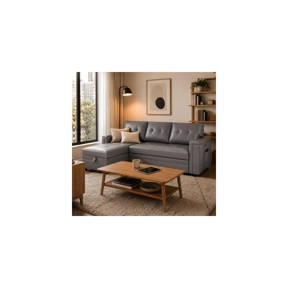 L-Shaped Air Leather Sleeper Sectional Sofa, Gray