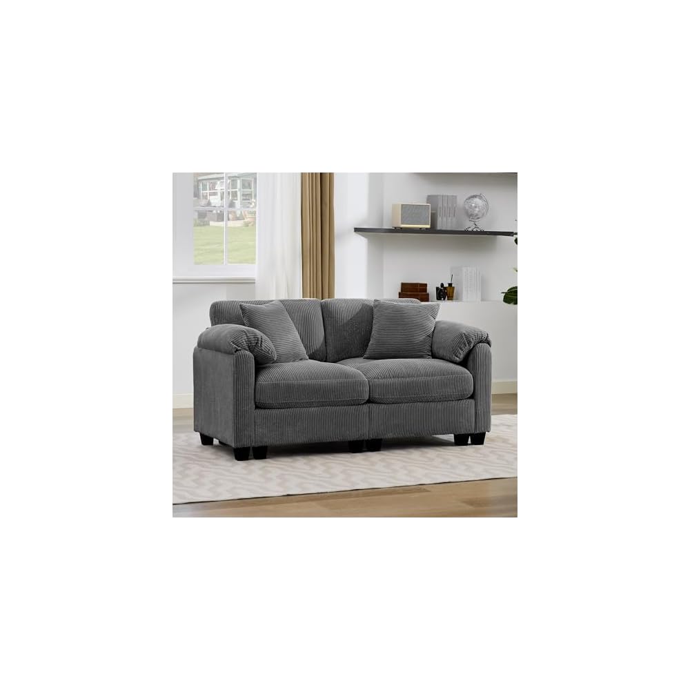 115'' Überdimensionales modulares Ecksofa mit Hocker, U-förmiges modernes Ecksofa für das Wohnzimmer mit 2 Dekokissen und tiefer Sitzfläche, mittig gestepptes Design (Grau, Zweisitzer)